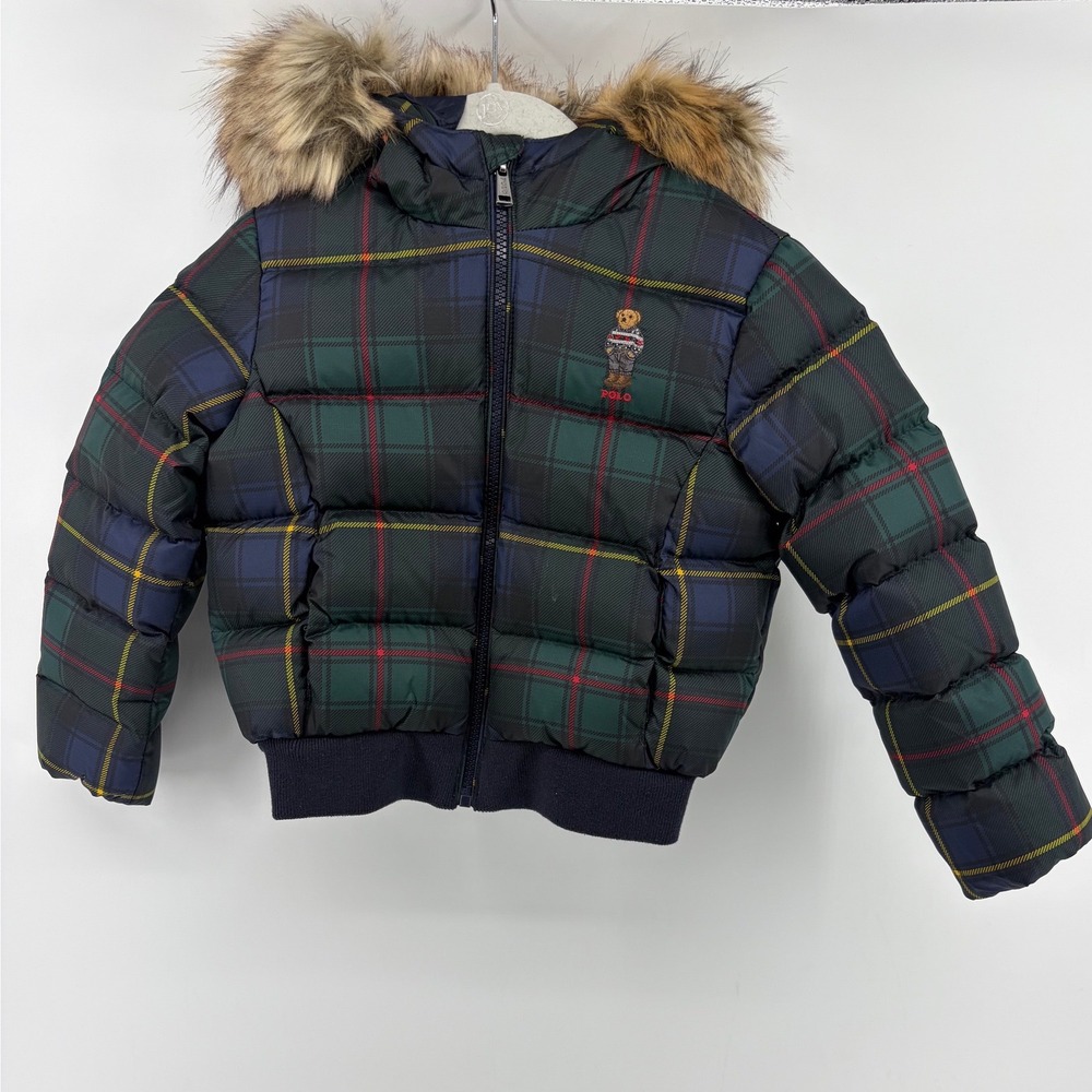 Polo Ralph Lauren Kids Black Watch Tartan Plaid Polo Bear Puffer Jacket Size 5